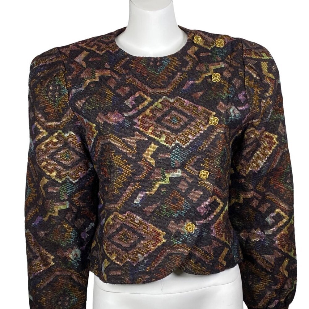 Vintage Doncaster Tapestry Cropped Jacket Size 8 Gold Button Detailing Snap Up